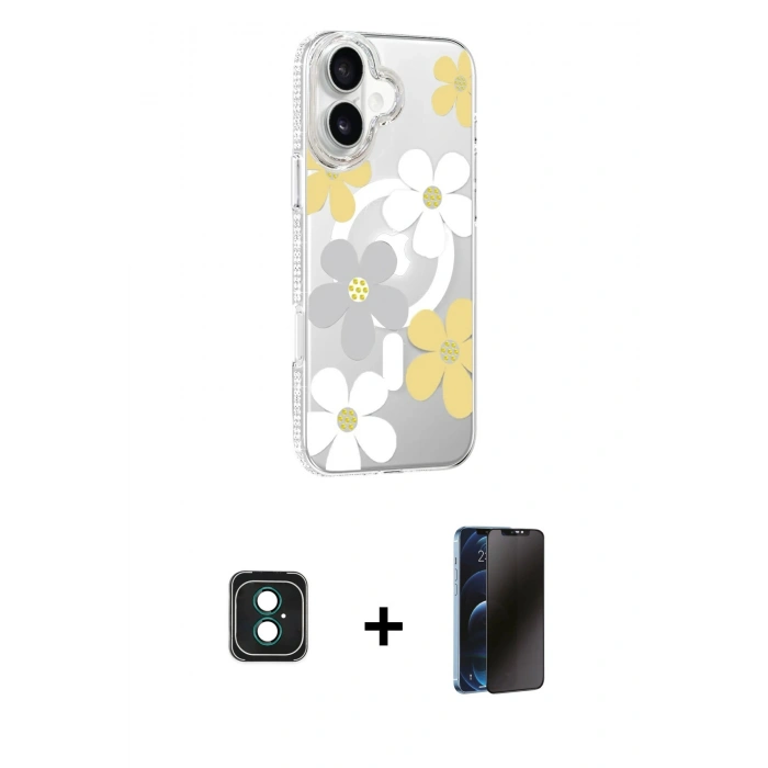 MARSİLYAN™- iPhone 16 Kılıf Yörünge Işık Prime - Siyah 3D Antistatik Hayalet Cam Ekran Koruyucu + PVD Metal Kamera Lens - YL