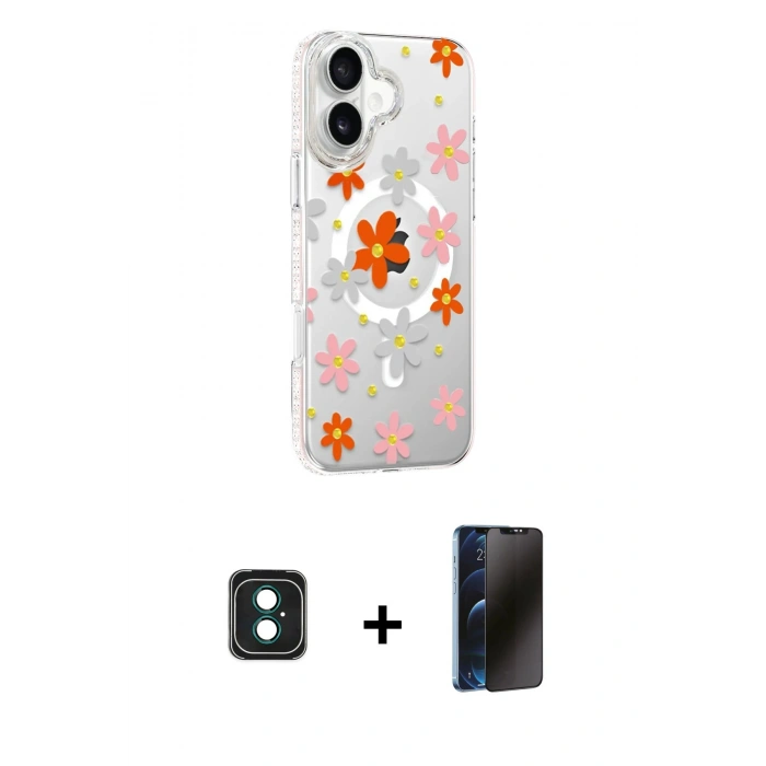 MARSİLYAN™- iPhone 16 Kılıf Yörünge Işık Prime - Siyah 3D Antistatik Hayalet Cam Ekran Koruyucu + PVD Metal Kamera Lens - YL