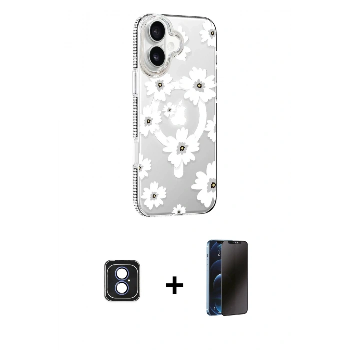 MARSİLYAN™- iPhone 16 Kılıf Yörünge Işık Prime - Siyah 3D Antistatik Hayalet Cam Ekran Koruyucu + PVD Metal Kamera Lens - MI