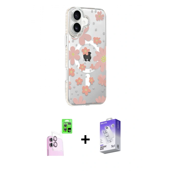 MARSİLYAN™- iPhone 16 Kılıf Yörünge Işık Prime - Siyah Bilvis 5in1 3D Magic Cam Ekran Koruyucu + Raze Metal Kamera Lens - PE