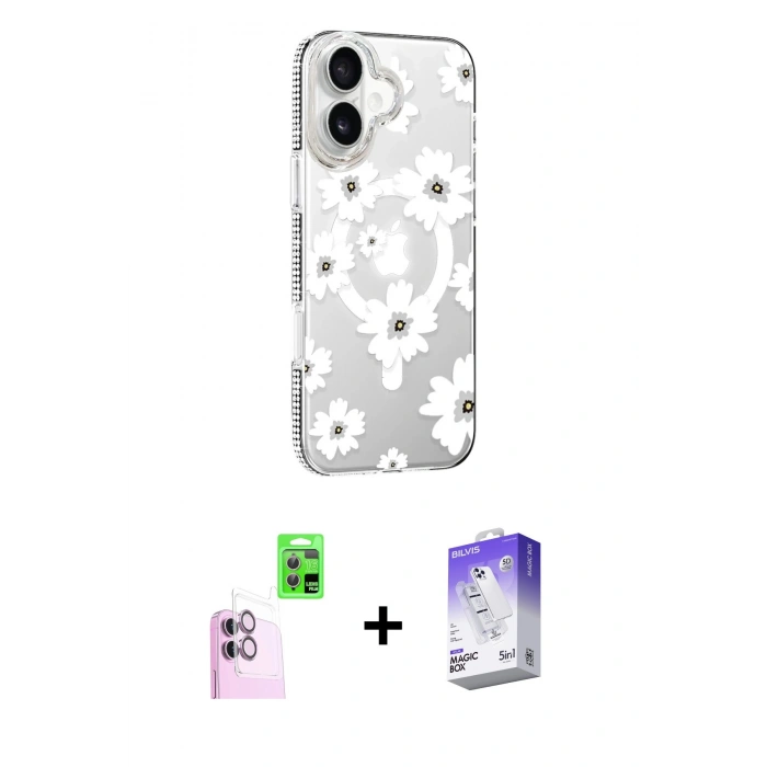 MARSİLYAN™- iPhone 16 Kılıf Yörünge Işık Prime - Siyah Bilvis 5in1 3D Magic Cam Ekran Koruyucu + Raze Metal Kamera Lens - PE