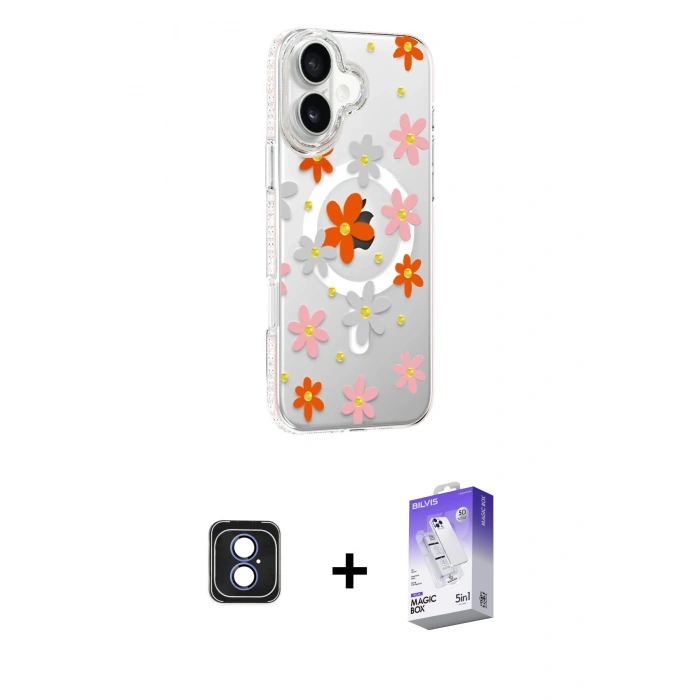 MARSİLYAN™- iPhone 16 Kılıf Yörünge Işık Prime - Siyah Bilvis 5in1 3D Magic Cam Ekran Koruyucu + PVD Metal Kamera Lens - MI