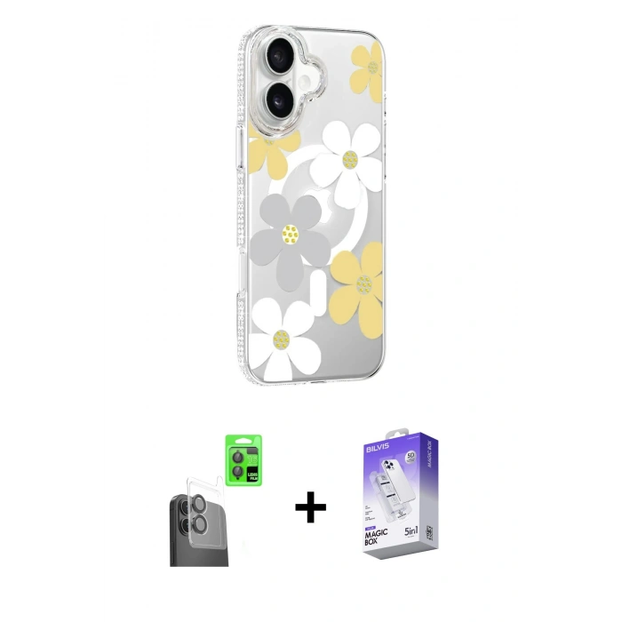 MARSİLYAN™- iPhone 16 Kılıf Yörünge Işık Prime - Siyah Bilvis 5in1 3D Magic Cam Ekran Koruyucu + Raze Metal Kamera Lens - SH