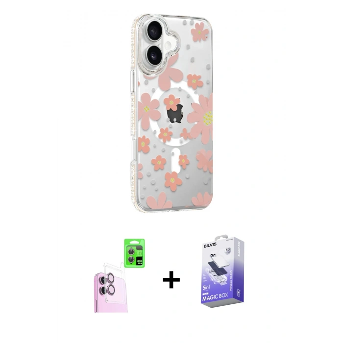 MARSİLYAN™- iPhone 16 Kılıf Yörünge Işık Prime - Siyah Bilvis 5in1 5D Magic Hayalet Cam Ekran Koruyucu + Raze Metal Kamera Lens - PE