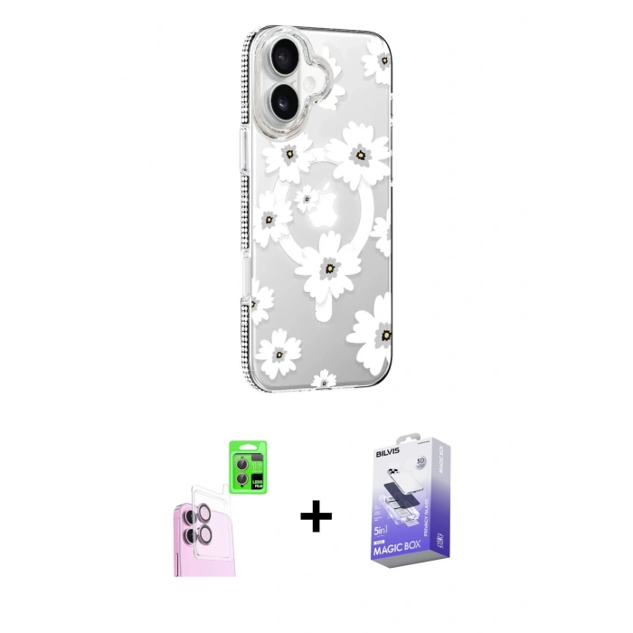MARSİLYAN™- iPhone 16 Kılıf Yörünge Işık Prime - Siyah Bilvis 5in1 5D Magic Hayalet Cam Ekran Koruyucu + Raze Metal Kamera Lens - PE