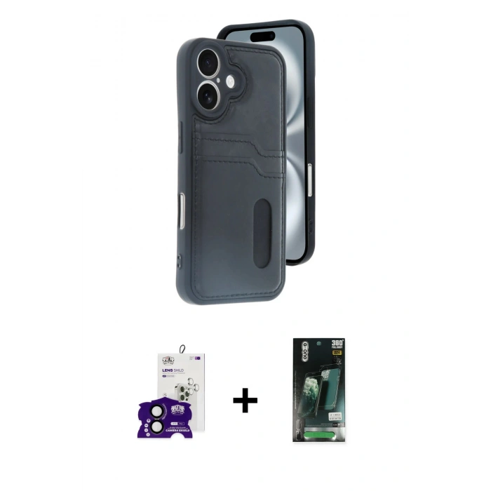 MARSİLYAN™- iPhone 16 Kılıf Yörünge Işık Serisi - Siyah 360 Mat Full Body Arka Koruyucu + Bilvis Titan Kamera Lens - SH