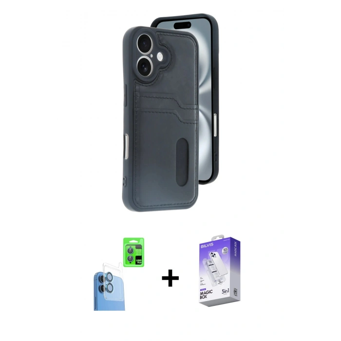 MARSİLYAN™- iPhone 16 Kılıf Yörünge Işık Serisi - Siyah Bilvis 5in1 3D Magic Cam Ekran Koruyucu + Raze Metal Kamera Lens - LT