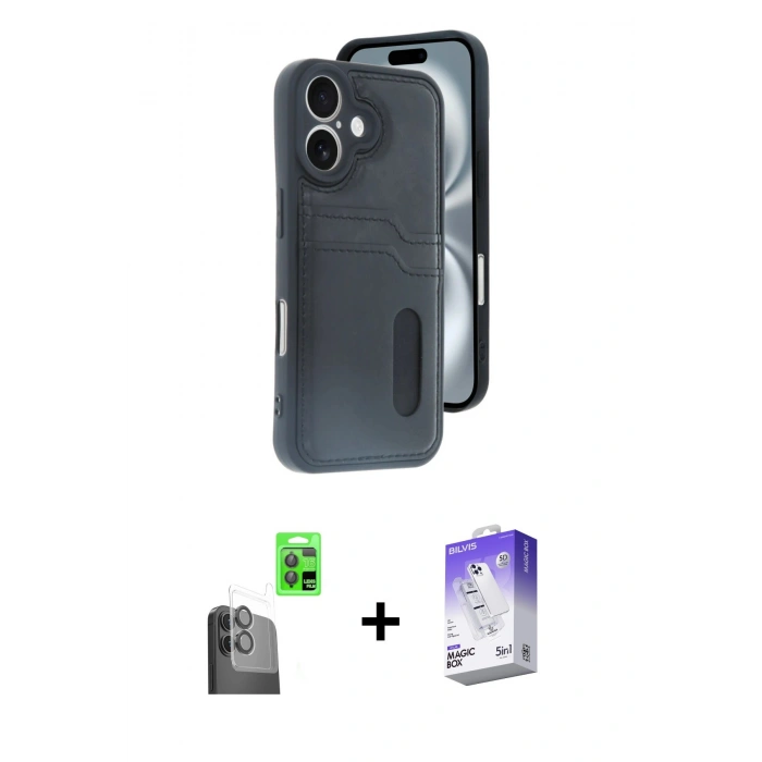 MARSİLYAN™- iPhone 16 Kılıf Yörünge Işık Serisi - Siyah Bilvis 5in1 3D Magic Cam Ekran Koruyucu + Raze Metal Kamera Lens - SH