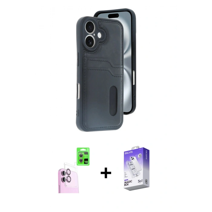 MARSİLYAN™- iPhone 16 Kılıf Yörünge Işık Serisi - Siyah Bilvis 5in1 3D Magic Cam Ekran Koruyucu + Raze Metal Kamera Lens - PE