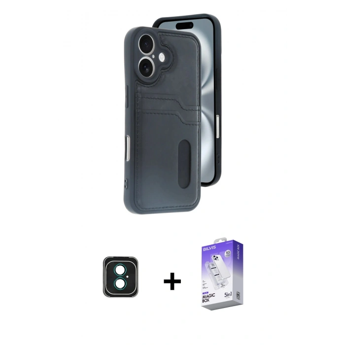 MARSİLYAN™- iPhone 16 Kılıf Yörünge Işık Serisi - Siyah Bilvis 5in1 3D Magic Cam Ekran Koruyucu + PVD Metal Kamera Lens - YL