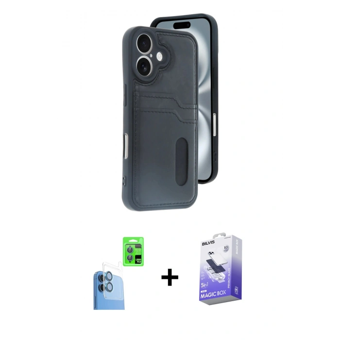 MARSİLYAN™- iPhone 16 Kılıf Yörünge Işık Serisi - Siyah Bilvis 5in1 5D Magic Hayalet Cam Ekran Koruyucu + Raze Metal Kamera Lens - LT