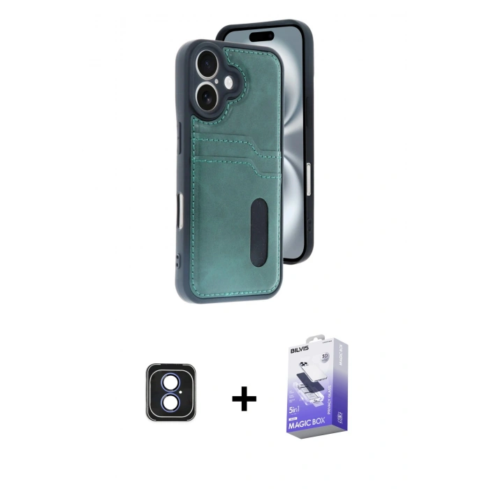 MARSİLYAN™- iPhone 16 Kılıf Yörünge Işık Serisi - Siyah Bilvis 5in1 5D Magic Hayalet Cam Ekran Koruyucu + PVD Metal Kamera Lens - MI