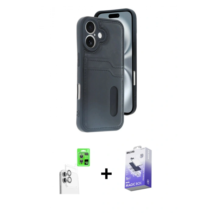 MARSİLYAN™- iPhone 16 Kılıf Yörünge Işık Serisi - Siyah Bilvis 5in1 5D Magic Hayalet Cam Ekran Koruyucu + Raze Metal Kamera Lens - BZ