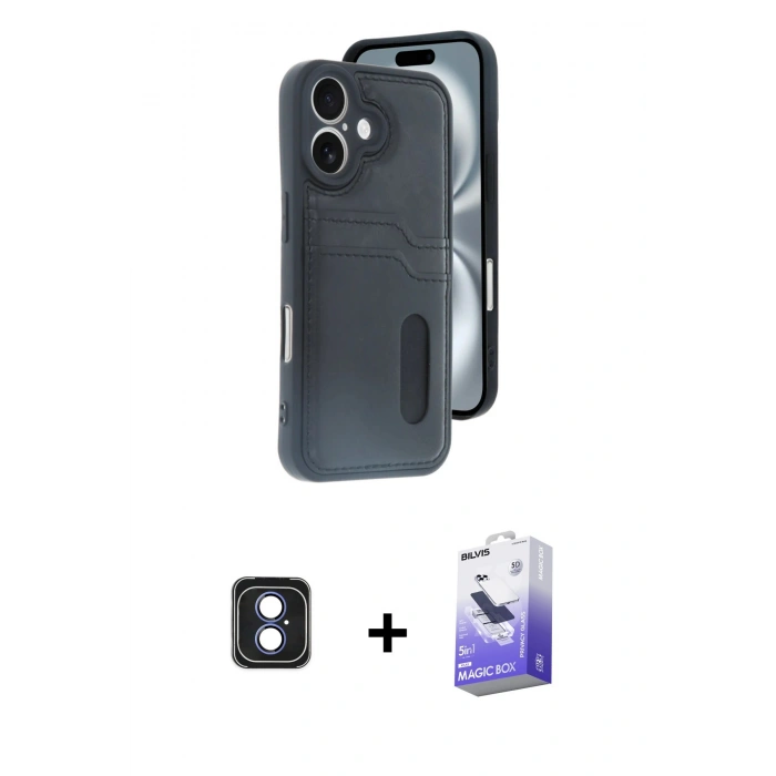 MARSİLYAN™- iPhone 16 Kılıf Yörünge Işık Serisi - Siyah Bilvis 5in1 5D Magic Hayalet Cam Ekran Koruyucu + PVD Metal Kamera Lens - MI
