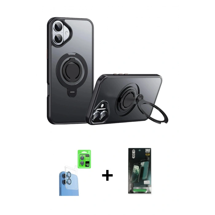 MARSİLYAN™- iPhone 16 Kılıf Zirve Çizgi Prime - Siyah 360 Mat Full Body Arka Koruyucu + Raze Metal Kamera Lens - LT