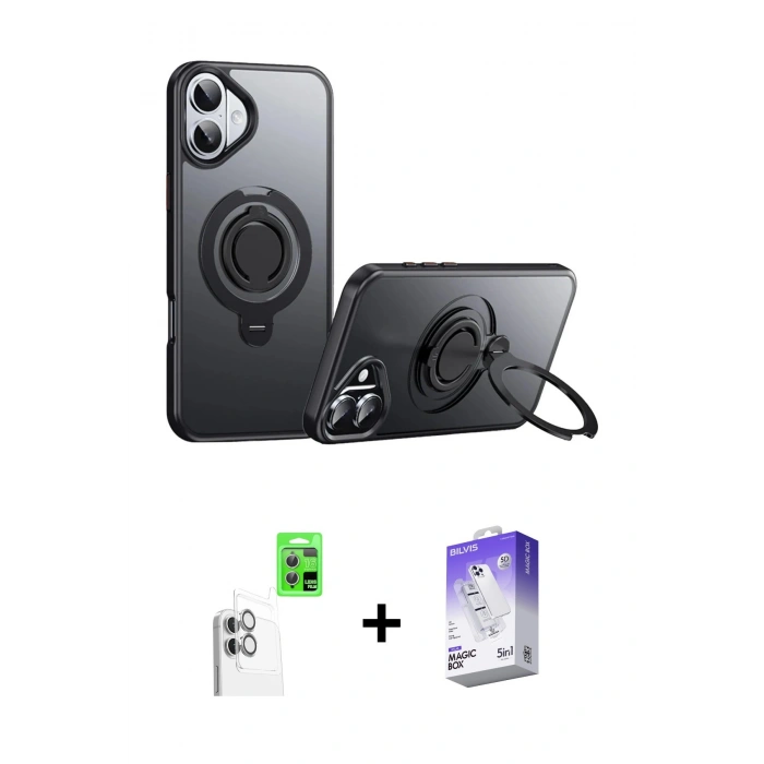MARSİLYAN™- iPhone 16 Kılıf Zirve Çizgi Prime - Siyah Bilvis 5in1 3D Magic Cam Ekran Koruyucu + Raze Metal Kamera Lens - BZ