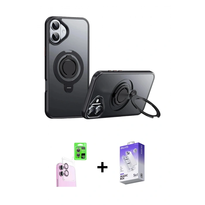 MARSİLYAN™- iPhone 16 Kılıf Zirve Çizgi Prime - Siyah Bilvis 5in1 3D Magic Cam Ekran Koruyucu + Raze Metal Kamera Lens - PE