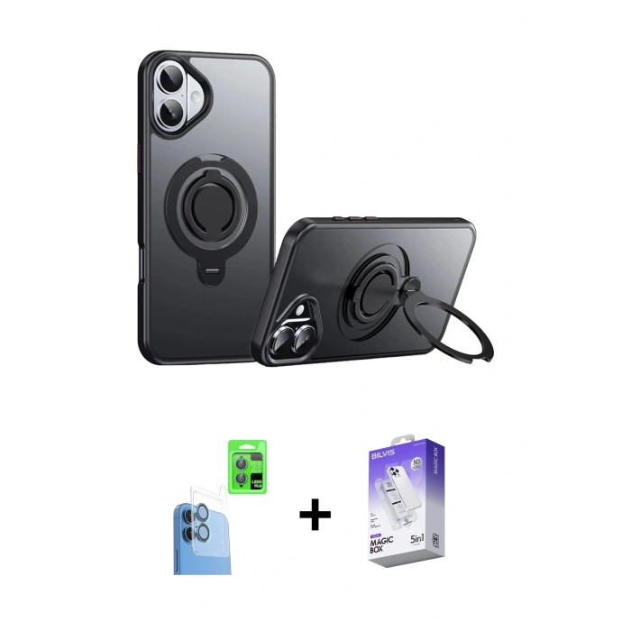 MARSİLYAN™- iPhone 16 Kılıf Zirve Çizgi Prime - Siyah Bilvis 5in1 3D Magic Cam Ekran Koruyucu + Raze Metal Kamera Lens - LT