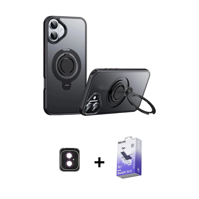 MARSİLYAN™- iPhone 16 Kılıf Zirve Çizgi Prime - Siyah Bilvis 5in1 5D Magic Hayalet Cam Ekran Koruyucu + PVD Metal Kamera Lens - PE