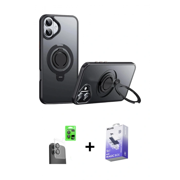 MARSİLYAN™- iPhone 16 Kılıf Zirve Çizgi Prime - Siyah Bilvis 5in1 5D Magic Hayalet Cam Ekran Koruyucu + Raze Metal Kamera Lens - SH