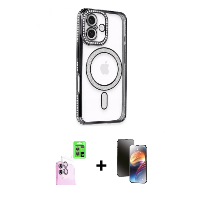 MARSİLYAN™- iPhone 16 Kılıf Zirve Doku Prime - Siyah 3D Antistatik Mat Seramik Nano Ekran Koruyucu + Raze Metal Kamera Lens - PE