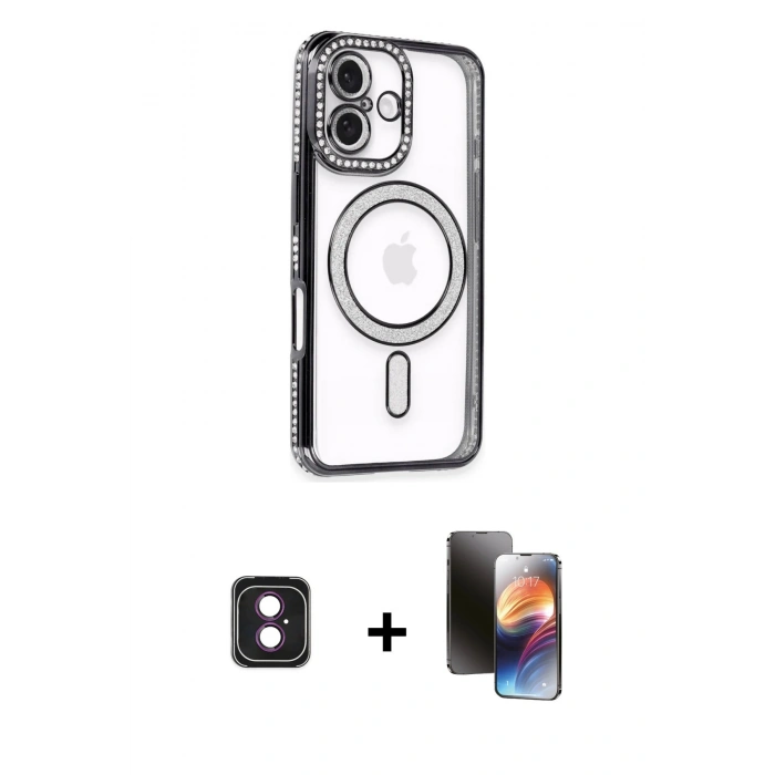 MARSİLYAN™- iPhone 16 Kılıf Zirve Doku Prime - Siyah 3D Antistatik Mat Seramik Nano Ekran Koruyucu + PVD Metal Kamera Lens - PE