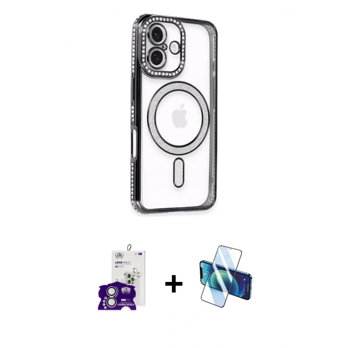 MARSİLYAN™- iPhone 16 Kılıf Zirve Doku Prime - Siyah 3D Antistatik Seramik Nano Ekran Koruyucu + Bilvis Titan Kamera Lens - GS
