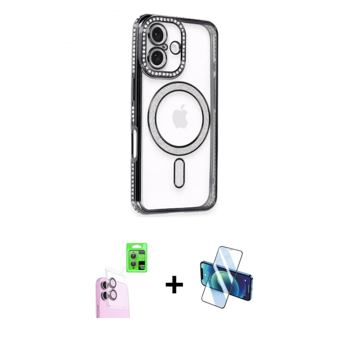 MARSİLYAN™- iPhone 16 Kılıf Zirve Doku Prime - Siyah 3D Antistatik Seramik Nano Ekran Koruyucu + Raze Metal Kamera Lens - PE