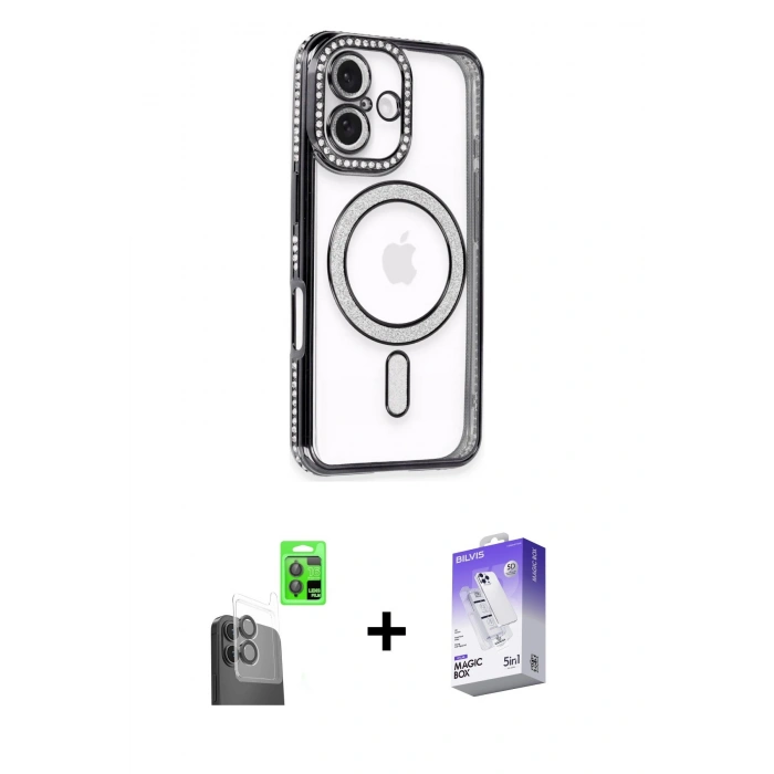 MARSİLYAN™- iPhone 16 Kılıf Zirve Doku Prime - Siyah Bilvis 5in1 3D Magic Cam Ekran Koruyucu + Raze Metal Kamera Lens - SH