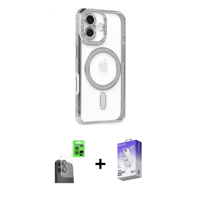 MARSİLYAN™- iPhone 16 Kılıf Zirve Doku Prime - Siyah Bilvis 5in1 3D Magic Cam Ekran Koruyucu + Raze Metal Kamera Lens - SH
