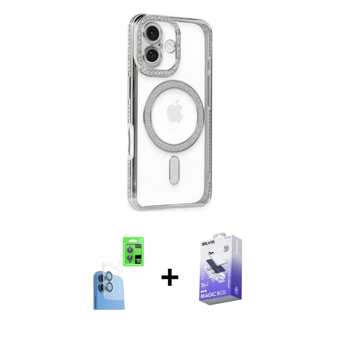 MARSİLYAN™- iPhone 16 Kılıf Zirve Doku Prime - Siyah Bilvis 5in1 5D Magic Hayalet Cam Ekran Koruyucu + Raze Metal Kamera Lens - LT