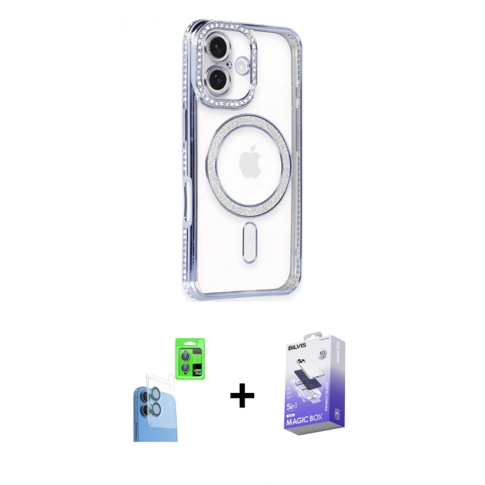 MARSİLYAN™- iPhone 16 Kılıf Zirve Doku Prime - Siyah Bilvis 5in1 5D Magic Hayalet Cam Ekran Koruyucu + Raze Metal Kamera Lens - LT