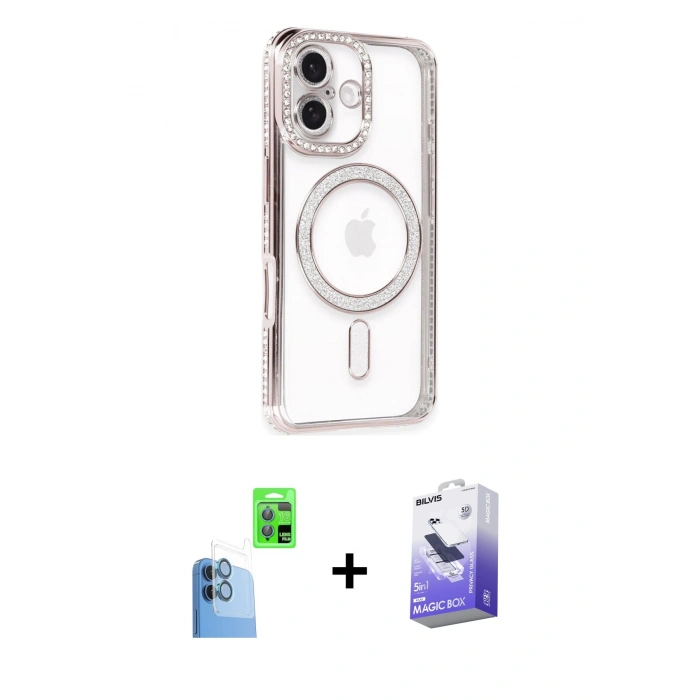 MARSİLYAN™- iPhone 16 Kılıf Zirve Doku Prime - Siyah Bilvis 5in1 5D Magic Hayalet Cam Ekran Koruyucu + Raze Metal Kamera Lens - LT