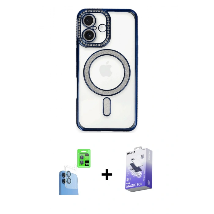 MARSİLYAN™- iPhone 16 Kılıf Zirve Doku Prime - Siyah Bilvis 5in1 5D Magic Hayalet Cam Ekran Koruyucu + Raze Metal Kamera Lens - LT