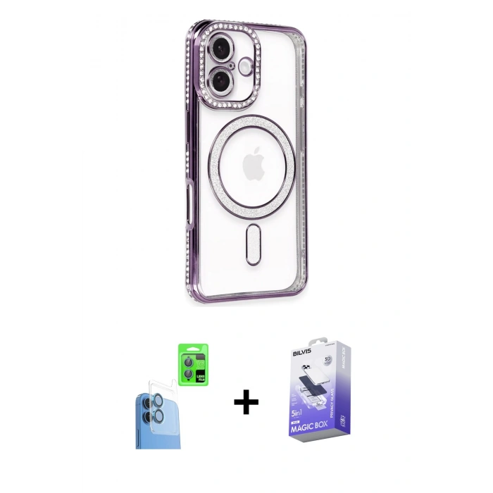MARSİLYAN™- iPhone 16 Kılıf Zirve Doku Prime - Siyah Bilvis 5in1 5D Magic Hayalet Cam Ekran Koruyucu + Raze Metal Kamera Lens - LT
