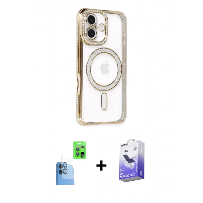 MARSİLYAN™- iPhone 16 Kılıf Zirve Doku Prime - Siyah Bilvis 5in1 5D Magic Hayalet Cam Ekran Koruyucu + Raze Metal Kamera Lens - LT