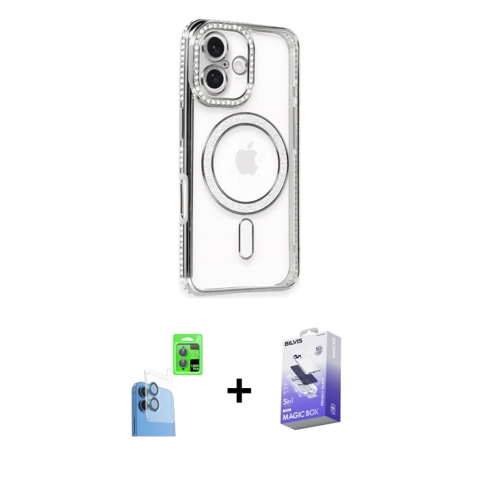 MARSİLYAN™- iPhone 16 Kılıf Zirve Doku Prime - Siyah Bilvis 5in1 5D Magic Hayalet Cam Ekran Koruyucu + Raze Metal Kamera Lens - LT