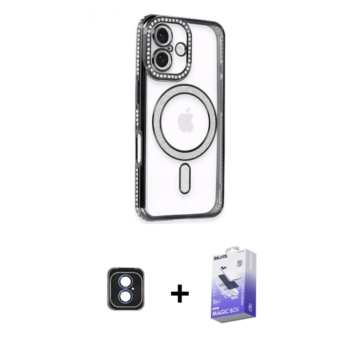MARSİLYAN™- iPhone 16 Kılıf Zirve Doku Prime - Siyah Bilvis 5in1 5D Magic Hayalet Cam Ekran Koruyucu + PVD Metal Kamera Lens - MI