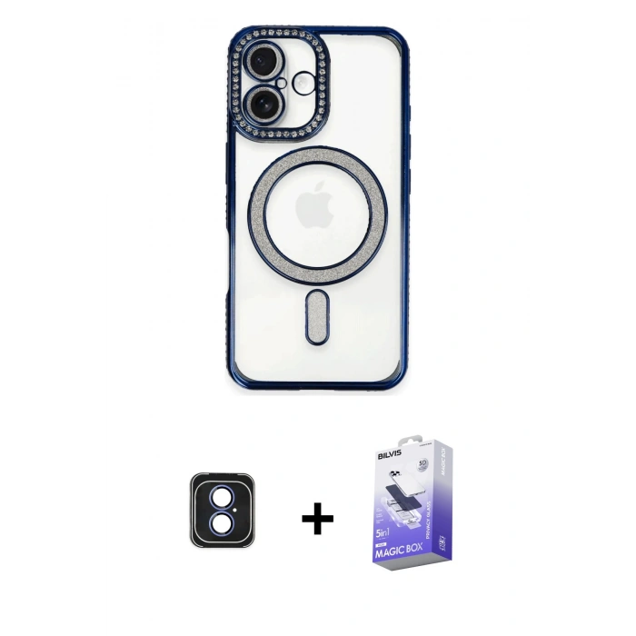 MARSİLYAN™- iPhone 16 Kılıf Zirve Doku Prime - Siyah Bilvis 5in1 5D Magic Hayalet Cam Ekran Koruyucu + PVD Metal Kamera Lens - MI