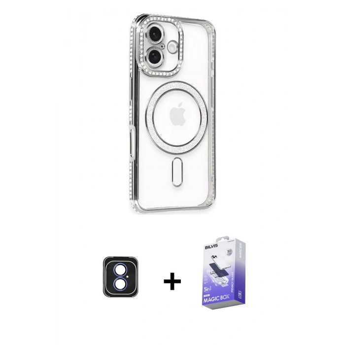 MARSİLYAN™- iPhone 16 Kılıf Zirve Doku Prime - Siyah Bilvis 5in1 5D Magic Hayalet Cam Ekran Koruyucu + PVD Metal Kamera Lens - MI