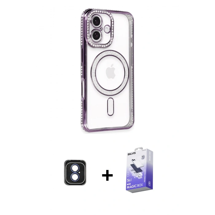 MARSİLYAN™- iPhone 16 Kılıf Zirve Doku Prime - Siyah Bilvis 5in1 5D Magic Hayalet Cam Ekran Koruyucu + PVD Metal Kamera Lens - MI