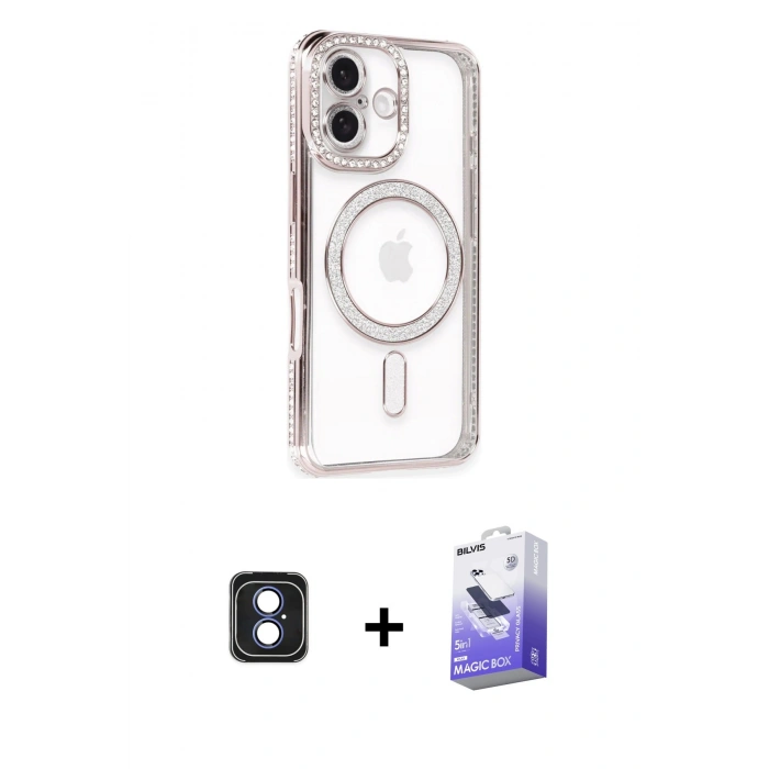 MARSİLYAN™- iPhone 16 Kılıf Zirve Doku Prime - Siyah Bilvis 5in1 5D Magic Hayalet Cam Ekran Koruyucu + PVD Metal Kamera Lens - MI