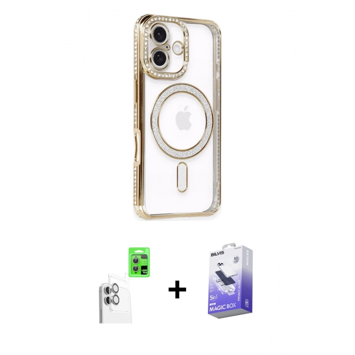 MARSİLYAN™- iPhone 16 Kılıf Zirve Doku Prime - Siyah Bilvis 5in1 5D Magic Hayalet Cam Ekran Koruyucu + Raze Metal Kamera Lens - BZ
