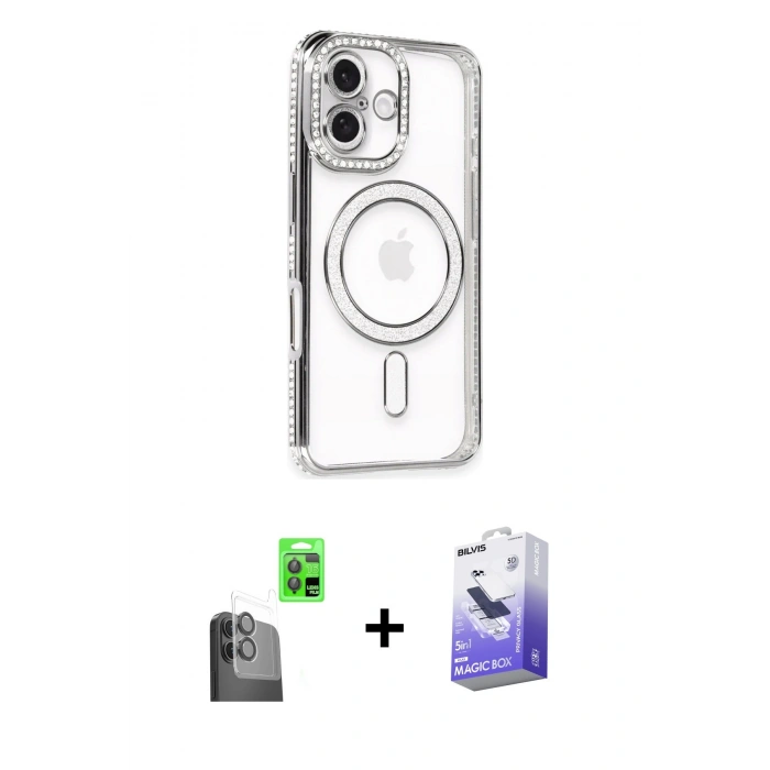 MARSİLYAN™- iPhone 16 Kılıf Zirve Doku Prime - Siyah Bilvis 5in1 5D Magic Hayalet Cam Ekran Koruyucu + Raze Metal Kamera Lens - SH