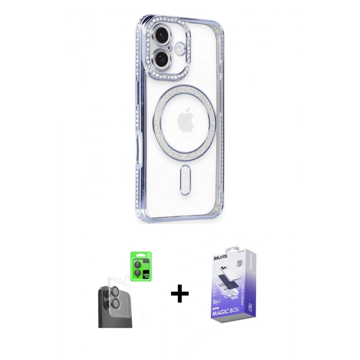 MARSİLYAN™- iPhone 16 Kılıf Zirve Doku Prime - Siyah Bilvis 5in1 5D Magic Hayalet Cam Ekran Koruyucu + Raze Metal Kamera Lens - SH