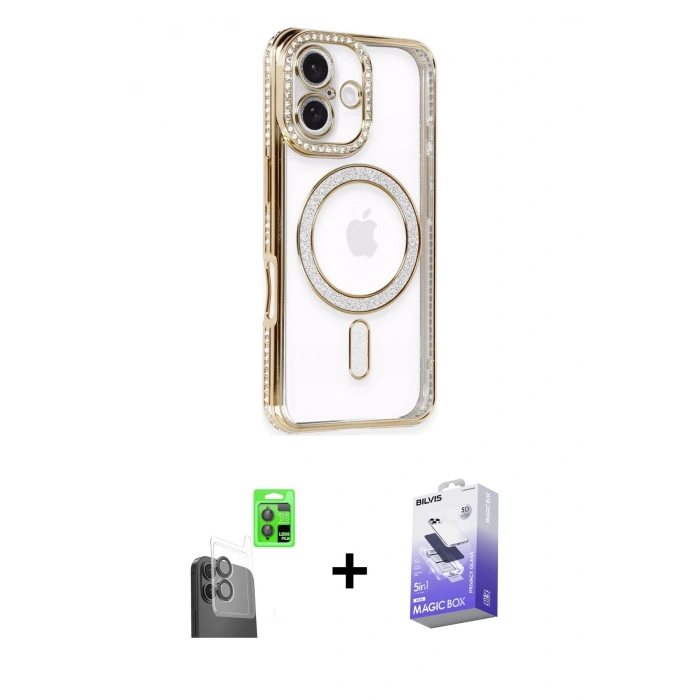 MARSİLYAN™- iPhone 16 Kılıf Zirve Doku Prime - Siyah Bilvis 5in1 5D Magic Hayalet Cam Ekran Koruyucu + Raze Metal Kamera Lens - SH