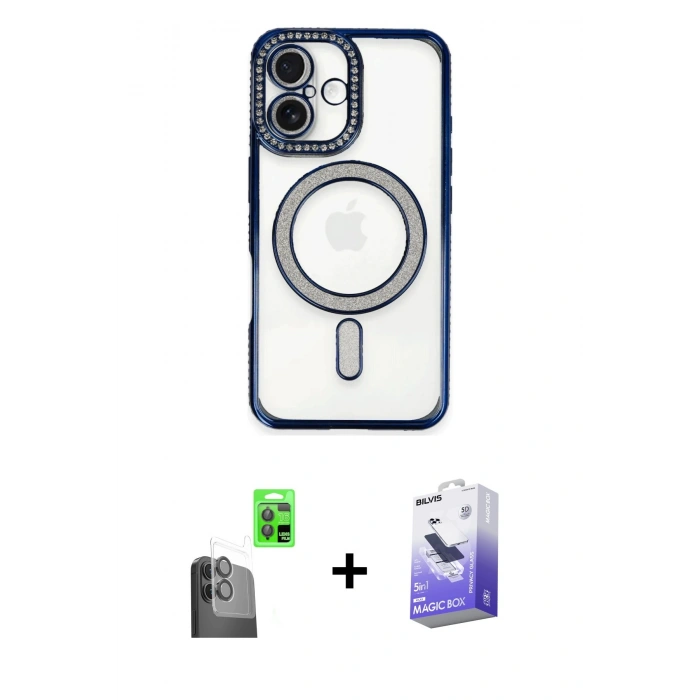 MARSİLYAN™- iPhone 16 Kılıf Zirve Doku Prime - Siyah Bilvis 5in1 5D Magic Hayalet Cam Ekran Koruyucu + Raze Metal Kamera Lens - SH