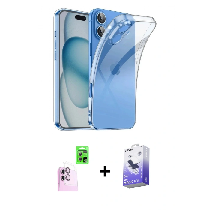 MARSİLYAN™- iPhone 16 Kılıf Zirve Doku - Siyah Bilvis 5in1 5D Magic Hayalet Cam Ekran Koruyucu + Raze Metal Kamera Lens - PE