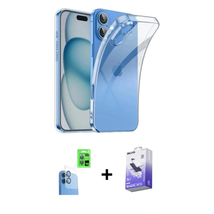 MARSİLYAN™- iPhone 16 Kılıf Zirve Doku - Siyah Bilvis 5in1 5D Magic Hayalet Cam Ekran Koruyucu + Raze Metal Kamera Lens - LT