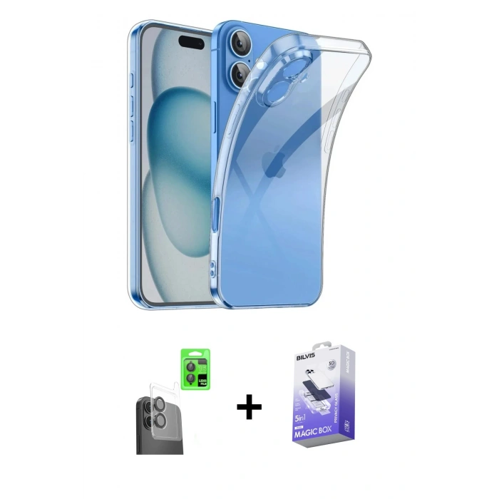 MARSİLYAN™- iPhone 16 Kılıf Zirve Doku - Siyah Bilvis 5in1 5D Magic Hayalet Cam Ekran Koruyucu + Raze Metal Kamera Lens - SH